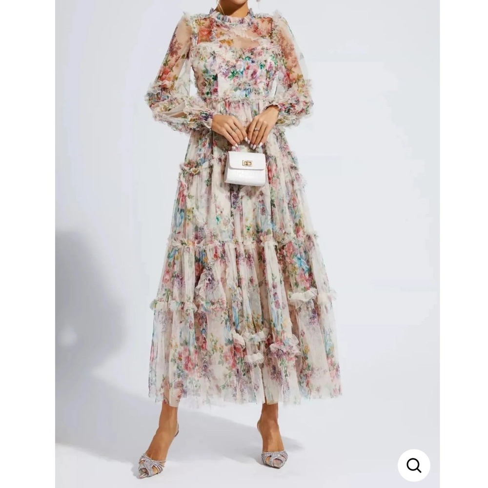 Catchall Floral Maxi Dress Women Size M NEW Tiered Mesh Ruffle Long Sleeve